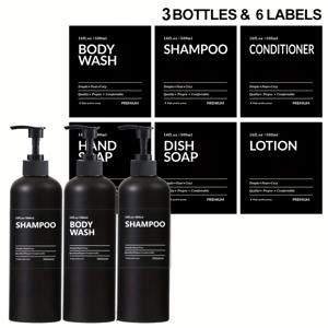 TEMU 500ml / 16.9oz 매트 블랙 라운드 로션 병 6개 라벨 포함, 리필 가능한 플라스틱 용기, 누수 방지 액체 손 비누 펌프 병, 주방, 욕실 및 조리대 샴푸 컨디셔너 손 설거지 로션 바디 워시