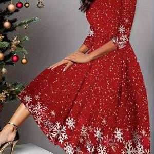 TEMU 크리스마스 가을-겨울 신상 여성용 스노우플레이크 프린트 캐주얼 우아한 롱 드레스