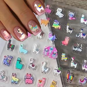TEMU 귀여운 만화 라마 3D 양각 네일 아트 스티커 - 폴리우레탄 광택 마감 데칼, 자체 접착, 일회용, 매니큐어 및 페디큐어용, 플라스틱 표면 권장, 만화 패턴, 불규칙한 모양, 자수 디테일, 무향