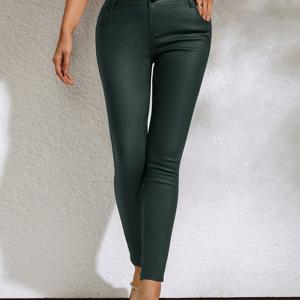 TEMU 여성용 하이웨이스트 타이트 스키니 팬츠, PU 가죽, 단색, 3버튼 디테일, 캐주얼 스타일, 올 시즌, 성인, 짠 직물