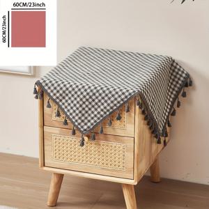 TEMU 1개 클래식 플레드 폴리에스테르 식탁보, 술 장식이 있는 정사각형 짠 기계로 만든 식탁 커버, 캐비닛 및 식탁용, 100% 폴리에스테르