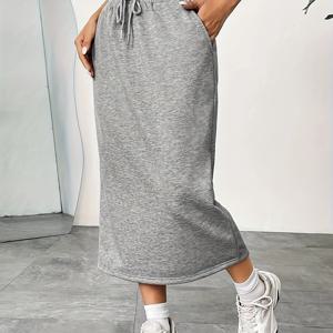 TEMU 여성용 단색 컬러 신축성 허리 캐주얼 스커트, 무릎 길이 포켓, 여성 스포츠웨어, 러닝 쇼츠, 하프 스커트, 니트 원단, 폴리에스테르, 캐주얼 스타일, 스트레치 소재