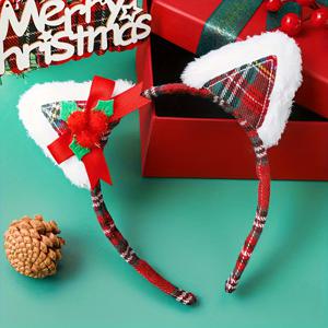 TEMU 여성용 1개의 축제 크리스마스 고양이 귀 헤어밴드 - 빨간색 플레드 폴리에스터 & 스판덱스 파티 헤어 액세서리, 리본 및 인조 모피 장식