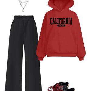 TEMU 알파벳 2피스 여아 캐주얼 프린트 후드 스웨트셔츠와 와이드 레그 팬츠 세트, 귀여운 가벼운 편안한 가을 의상, 일상복, 트렌디 키즈 패션, 소프트 원단, 내구성 있는 스티칭, 매칭 세트, 학교생 소녀용, 야외 활동에 적합