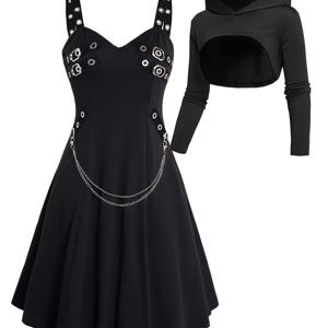 TEMU 로크 고딕 메탈 장식 V넥 베스트 드레스와 후드 롱 슬리브 탑 투피스 세트, 독특한 고딕 스타일 탈착 가능한 체인 베스트 스커트 및 커브드 헴 캡드 롱 슬리브 셔츠, 파티 및 캐주얼 착용을 위한 다재다능한 여성 의상