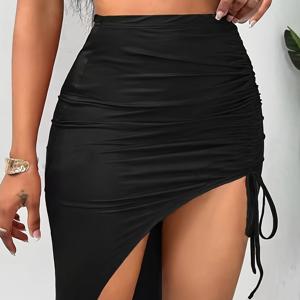 TEMU 여성용 비대칭 단색 드로스트링 스커트, 폴리에스터 니트 소재, 봄/가을용