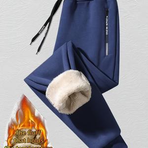 TEMU 남성용 기모 안감 따뜻한 바지, 롱 존, 스판덱스, 단색, 니트 원단, 약간의 스트레치, 루즈핏, 드로스트링, 160G/M², 겨울 시즌