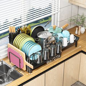TEMU 1개 조절 가능한 대용량 식기 건조대와 물받이판, 도구 거치대 및 컵 홀더 포함 - 녹슬지 않는 금속/주철 접이식 다기능 주방 정리대 (접시, 그릇, 냄비, 팬용) - 공간 절약형 디자인, 접시 보관 솔루션 | 견고한 수납 솔루션|식기건조대