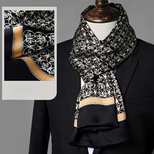 TEMU 1pc 고급 남성 실크 스카프, 100% 순수 실크 비즈니스 스타일 넥 스카프, 빈티지 블랙 및 골드 프린트, 일상 착용 및 정장 액세서리에 우아한 매력, 직조 인쇄 장인 정신, 크리스마스, 추수감사절, 데이에 이상적 - 드라이 클리닝전용 가능