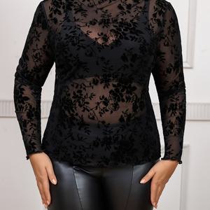 TEMU 여성용 우아한 꽃무늬 시스루 하이넥 메쉬 탑 - 봄/가을용 통기성 좋은 스트레치 긴팔 블라우스, 세탁기 사용 가능 검정 & 흰색 랜덤 패턴 캐주얼부터 포멀웨어까지, 편안한 착용감