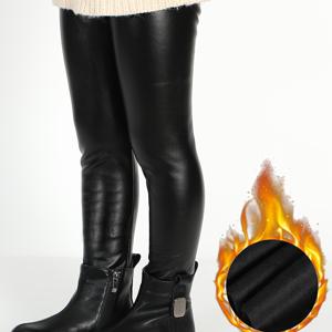 TEMU 여아용 겨울용 두꺼운 기모 안감 인조 가죽 바지 1팩, 스타일리시하고 핏되는 PU 반짝이는 레깅스.