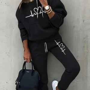 TEMU 여성 캐주얼 두 조각 세트 - 하트 비트 그래픽, 긴 소매 후디 & 드로스트링 조거 팬츠, 블랙, 가을/겨울에 완벽