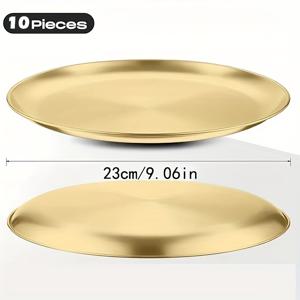 TEMU 10개 대형 스테인리스 스틸 접시, 매트 골드 마감, 샐러드, 스테이크, 파스타용 재사용 가능한 라운드 메탈 접시 - 스크래치 방지, 식사, 캠핑, 야외 바비큐, 가정용 주방 사용에 이상적