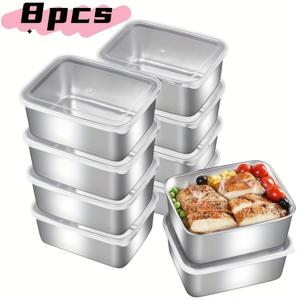 TEMU 8피스 스테인리스 스틸 식품 보관 세트, 투명 뚜껑 포함 - 사각형, 손세척 가능한 용기, 식사 준비 및 야외 피크닉용 - 전자레인지, 오븐 및 그릴 안전
