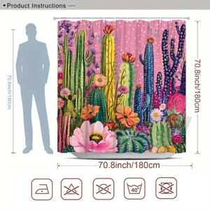 TEMU 1개 화려한 사막 정원 샤워 커튼, 선인장 & 꽃 - 환상적인 폴리에스터 욕실 장식, 12개 후크 포함, 70.8x70.8인치, 현대적인 욕실을 위한 컬러풀한 남서부 디자인, 욕실용 샤워 커튼 세트