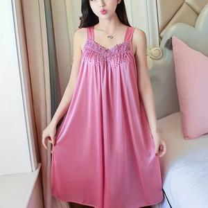 TEMU 여성용 섹시 여름 나이트가운 - 자수 레이스 트림이 있는 가벼운 새틴 슬립 드레스, V넥, 와이드 스트랩, 플리츠 스커트, 통기성 및 편안함을 위한 성인용 잠옷, 우아한 침실 스타일, 부드러운 원단