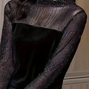 TEMU 여성용 섹시하고 우아한 반투명 골드 스레드 장식 레이스 스플라이스 벨벳 긴소매 탑, 세탁기 사용 가능한 단색 패션 탑, 봄/가을용 하이넥 베이스 레이어