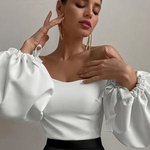TEMU 여성용 세련된 어깨 노출 낮은 컷 단색 상의, 리본 디테일, 슬림핏 랜턴 슬리브 - 캐주얼한 외출, 해변 외출, 오후 차 시간 모임에 이상적