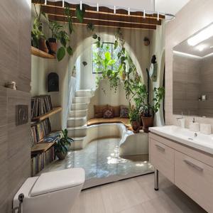TEMU [2D 평면 프린팅] 1개 포근한 햇빛이 비치는 실내 2D 플랫 샤워커튼, 러스틱룸의 아치형창문과 책장, 화분들로 가득한, 초대적이고 ,12후크, 70.8x70.8 인치, 욕실 , 편안한 욕실, 매력적인 디자인, 러스틱 데코, 세탁기 사용 가능, 스타일리시한 욕실액세서리, 장식성 있는 샤워커튼, 인테리어 애호가를 위한, 작은 공간을 위한 라이빙