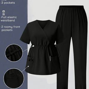 TEMU V넥 반팔 커뮤터 뷰티 살롱 작업복 여성용, 스파 풋밴드 테크니션 유니폼 세트 신상