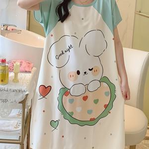 TEMU 여성용 여름 반팔 잠옷 - 귀여운 곰돌이 & 하트 프린트 가벼운 통기성 나이트가운, 세탁 가능한 라운드넥 라운지 드레스, 청소년 및 성인용, 편안한 수면복, 캐주얼 슬립웨어, 재미있는 나잇가운, 중간 신축성 원단