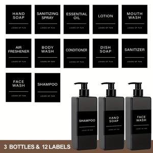 TEMU 500ml 사각형 샴푸 컨디셔너 및 샤워젤 디스펜서, 16.9oz 리필 가능한 펌프 병, 방수 라벨 스티커 포함, 플라스틱 액체 용기 (샴푸/키친용), 블랙