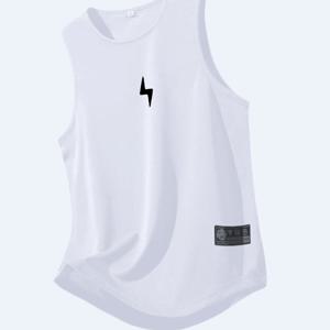 TEMU 1개 남성용 통기성 폴리에스터 기하학적 번개 디자인 운동 탱크탑 - 레귤러 핏 민소매 셔츠, 체육관, 러닝, 아웃도어 & 캐주얼 여름복, 스포츠 스타일, 편안한 착용감, 워크아웃 조끼, 액티브 맨즈|나시티|남자나시