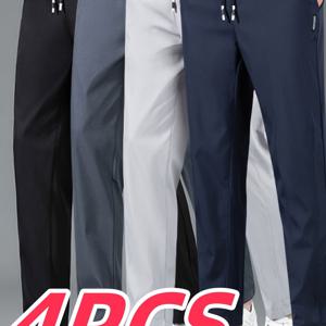 TEMU 남성용 아이스 슬리키 섬유 원단 바지 4개 - 통기성, 편안함, 캐주얼, 스포티 폴리에스터 바지, 포켓, 다크 블루, 라이트 그레이, 네이비, 블랙, 여름 및 캐주얼 의상에 완벽, 편안한 의류 | 스포티 스타일 | 부드러운 질감