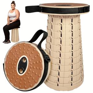 TEMU PU 쿠션이 있는 울트라 컴포트 휴대용 접이식 의자 - 12단계 높이 조절, 500lbs 용량, 베이지 패브릭과 갈색 시트, 캠핑, 낚시, 하이킹 및 바베큐에 이상적, 하이킹 액세서리 | 접이식 스툴 | 내구성 있는 폴리프로필렌