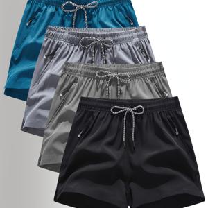 TEMU 4pcs 남성 캐주얼 운동 반바지 - 통기성, 내구성, 스트레치되지 않는 소재, 단색으로 지퍼 디테일, 여름 활동, 달리기, 해변, 피트니스 트레이닝에 완벽