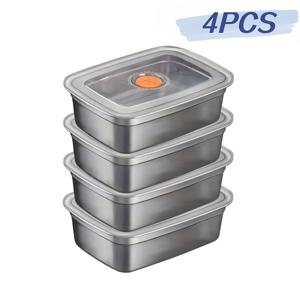 TEMU 뚜껑이 있는 스테인리스 스틸 직사각형 식품 보관 상자 4개 세트 - 밀봉, 누수 방지, 쌓을 수 있음, 샐러드, 도시락, 고기, 과일 및 채소에 적합 - 주방, 캠핑, 여행용 이상적인 선택