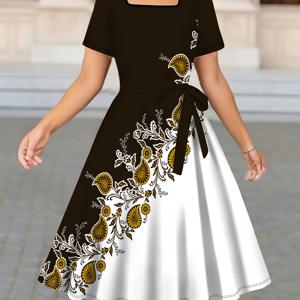 TEMU 여성용 우아한 빈티지 플로럴 프린트 스퀘어넥 드레스 - 블랙 & 화이트, 옐로우 꽃무늬, 웨딩 및 야외 행사용 핏감 좋은 여름 원피스, 세탁기 사용 가능