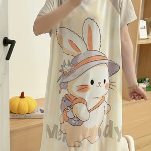 TEMU 여성용 경량 반팔 잠옷 - 귀여운 토끼 만화 프린트, 루즈핏 라운드 넥 여름 라운지웨어, 부드러운 회색 캐주얼 파자마 드레스, 청소년 및 성인용 토끼 파자마, 편안한 잠옷, 재미있는 잠옷, 경량 원단