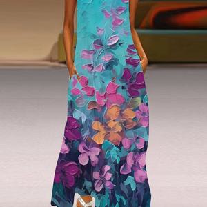 TEMU 여성용 프린트 V넥 맥시 드레스 - 민소매, 루즈핏 포켓 포함, 생기 넘치는 파랑에서 보라색 그라데이션 디자인, 봄/여름/가을에 완벽한 캐주얼 착용 | 알라인 실루엣 | 디지털 프린트 원단, 귀여운 드레스