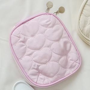 TEMU 핑크 폴리에스터 메이크업 가방 - TSA 승인, 휴대용 여행용 화장품 정리함, 손세탁 가능, 스타일리시한 립스틱 포켓과 퀼팅 디자인