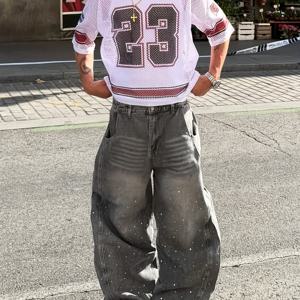 TEMU INFLATION 남성용 보키 크롭 루즈핏 티셔츠 - 빈티지 스트리트웨어 레트로 스타일, 통기성 메쉬 반투명 대비 스티칭, V넥 반팔 탑 캐주얼 & 스포츠 의상, 스트릿스타일 액세서리, 디지털 프린트 셔츠