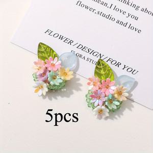 TEMU 여름 초기 신선한 녹색 잎 꽃다발 DIY 수제 짠 머리 액세서리 귀걸이 재료 5개 세트, DIY 헤어 액세서리,플로럴 크래프트 부품,잎사귀 모양 귀걸이,직조 공예 재료,필드 보타니컬 룩,녹색 잎사귀 디자인