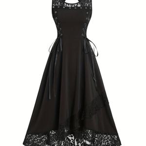 TEMU 여성용 고딕 스타일 레이스 민소매 드레스 - 비대칭 밑단과 러플 넥라인 & 사이드 리본 디테일, 신축성 있는 원단, 기계 세탁 가능 봄/여름 캐주얼부터 포멀한 행사까지 착용 가능한 블랙 드레스, 중간 탄력