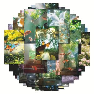 TEMU 63피스 드림 코어 스티커 - 판타지 테마 식물 꽃 물고기 반짝이 PVC 자체 접착 매트 마감 DIY 스크랩북 노트북 물병 장식, 생동감 있는 혼합 색상, 자연 영감 모티프 | 일회용 데칼