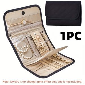 TEMU 1개 휴대용 여행 주얼리 정리 롤 - 목걸이, 귀걸이, 반지, 팔찌를 위한 접이식 패브릭 보관 케이스 스냅 클로저 - 베이지 퀼트 디자인, 컴팩트하고 필수적인 이동 중 편리함을 위한 주얼리 파우치, 우아한 디자인, 부드러운 소재