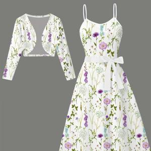 TEMU 여성용 우아한 꽃무늬 드레스 스ूट: 긴팔 크롭 자켓, 스파게티 스트랩 드레스, 벨트 웨이스트 - 화이트 색상에 보라색과 초록색 액센트가 있는 우아한 식물 디자인, 올 시즌 패션, 캐주얼한 의상| 袖 없는 의상| Fabri
