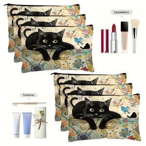 TEMU 6pcs 캔버스 내구성 있는 검은 고양이 프린트 메이크업 가방, 화장품 보관 가방, 화장품 보관 가방, 학생용 기구 연필 케이스, 여행 필수품 편리한 지퍼 보관 가방, 해변 보관 패키지