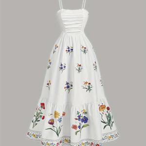 TEMU 여성용 플로랄 프린트 드레스 - 파스텔 컬러의 우아한 꽃무늬 (핑크, 블루, 옐로우, 그린, 퍼플), 스파게티 스트랩 넥라인 A라인 실루엣 비치웨어 & 웨딩파티용 - 세탁기 사용 가능 논스트레치 원단, 사계절 캐주얼&포멀 아웃핏 귀여운 드레스