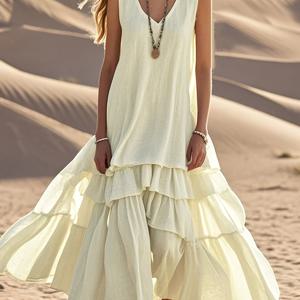 TEMU 2025년 봄/여름 캐주얼 빈티지 단색 맥시 드레스 - 슬리브리스 V넥, 여성용 플로우 비지 드레스, 성인용 캐주얼 의상, 캐주얼 의상|빈티지 스타일|러플 디테일|인견원피스