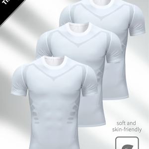TEMU 남성용 스포츠 압박 티셔츠 3pcs - 통기성 빠른 건조 수분 흡수 90% 폴리에스터/10% 스판덱스, 기하학적 프린트 슬림핏 농구 트레이닝 셔츠 (검정/흰색/회색)