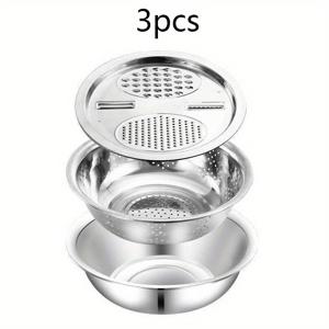TEMU 3pcs 3-in-1 스테인리스 그레이터 세트, 다용도 채소 세척 대야 포함: 그레이터, 배수대야, 믹싱볼, 채소 슬라이서 및 쵸퍼, 가정용 드레인지 채소 세척 대야, 샐러드 만들기 용기