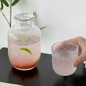 TEMU 빈티지 엠보싱 유리 피처 - 뚜껑 포함, 다기능 컵 & 병, 안정적인 리브 디자인, 내구성 있는 홈 파티용 음료 서버, 차·주스·차가운 음료용, 우아한 드링크웨어, 아트리스틱 디자인, 클래식 스타일, 튼튼한 구조, 주스 애호가를 위한 보틀