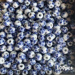 TEMU 100개 8mm 파란색 & 흰색 난초 세라믹 비즈 - 정저현 도자기, 섬세한 꽃무늬 디자인, 우아한 화이트 유약 & 매끄러운 마감 DIY 주얼리 만들기용, 팔찌, 목걸이, 홈 크래프트 - 내구성 있는 장인 기술, 주얼리 제작용 비즈, 전통 예술, 수공예 비즈