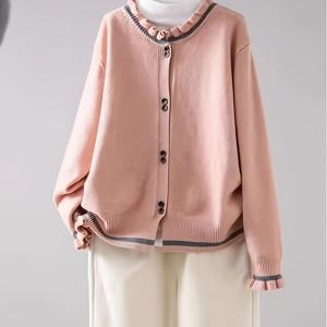 TEMU 플러스 사이즈 - 여성용 라인 핑크 가디건, 프릴 트림 및 버튼 프론트 - 가을/겨울용 캐주얼 긴팔 스웨터, 다용도 레이어링 피스, 스웨터 드레스