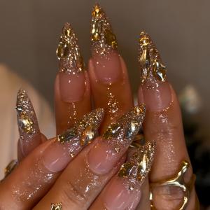 TEMU 24개의 긴 알몬드 모양의 손톱 세트, 화려하고 빛나는 금색 , 패션과 우아한 글리터 Frosted, 달콤하고 시원한, 다용도, 모든 여성에게 적합하며, 손톱 페인트와 젤 글루는 박스에 포함되어 있으며, 쉽게 붙이고 착용할 수 있습니다.